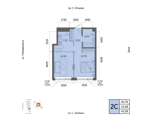 Планировка 2-комнатные 43,6 м²