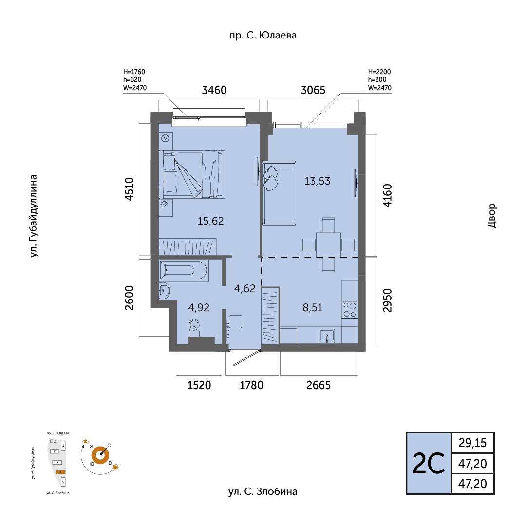 Планировка 2-комнатная квартира 47,2 м² в ЖК «Урбаника», 9 этаж — 10 858 800 ₽