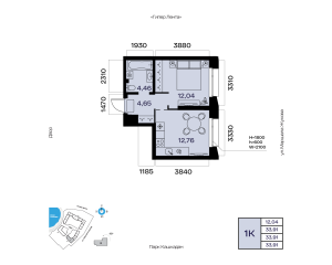 Планировка 1-комнатные 33,9 м²