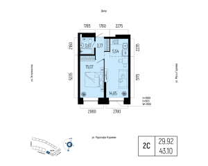 Планировка 2-комнатные 43,1 м²