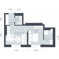 Планировка: 2-комн. квартира, 33.7 м²