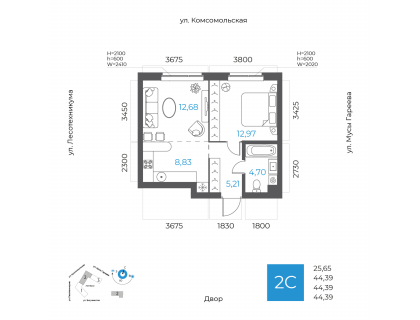 Планировка 2-комн. · 44.4 м²