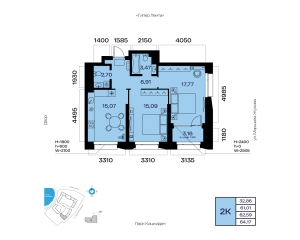 Планировка 2-комнатные 62,6 м²