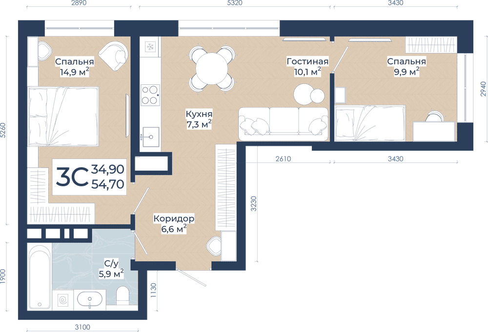 Планировка: 3-комн. квартира, 54.7 м²