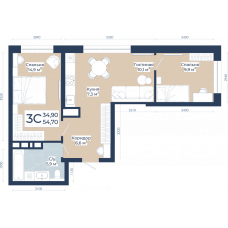 Планировка: 3-комн. квартира, 54.7 м²