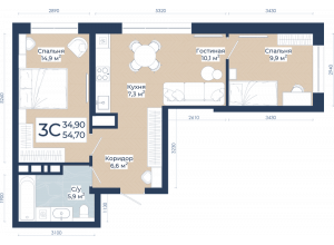 3-комн. · 54.7 м²