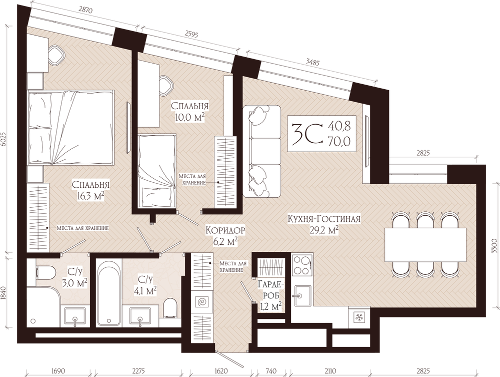 Планировка: 3-комн. квартира, 70 м²