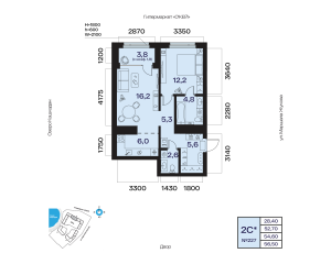 Планировка 2-комнатные 54,6 м²