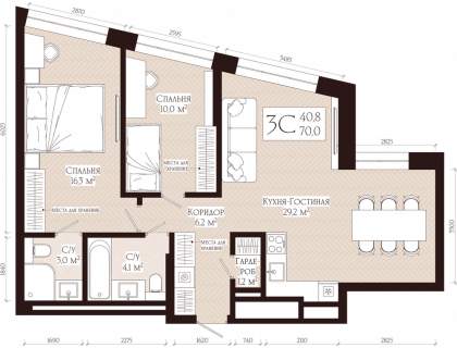 Планировка 3-комн. · 70 м²