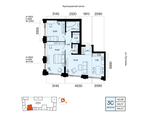 Планировка 3-комнатные 64,1 м²