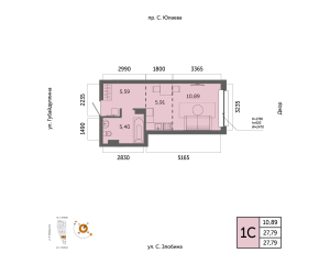 Планировка 1-комнатные 27,8 м²
