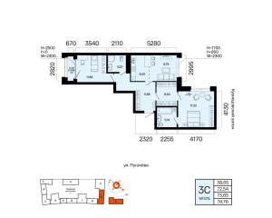 Планировка 3-комнатные 73,7 м²