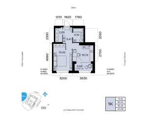 Планировка 1-комнатные 38,3 м²