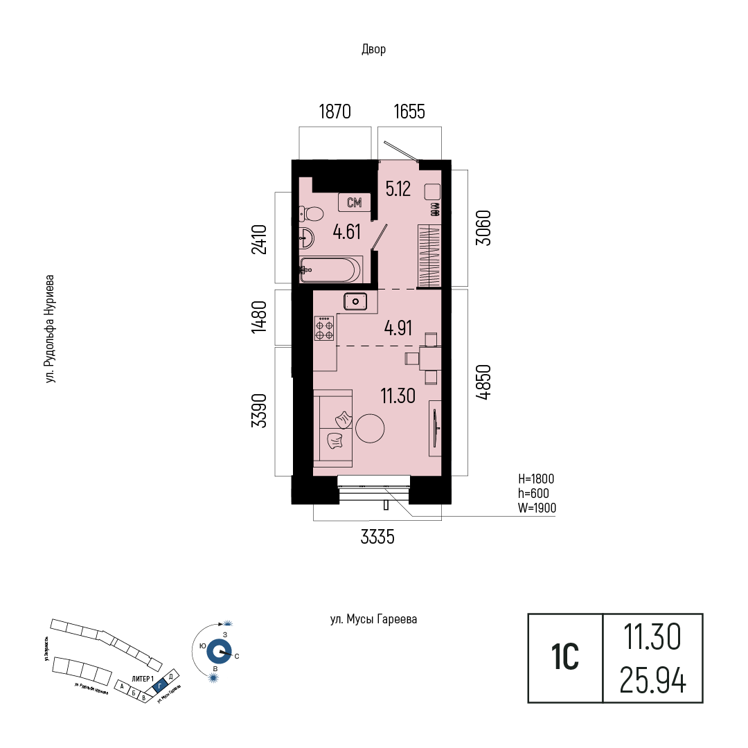 Планировка 1-комнатная квартира 25,9 м² в ЖК «Новатор», 17 этаж — 7 147 000 ₽
