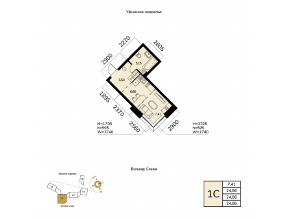 Планировка 1-комн. · 24.9 м²