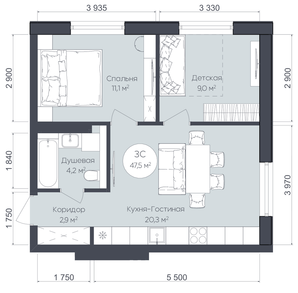 Планировка: 3-комн. квартира, 47.5 м²