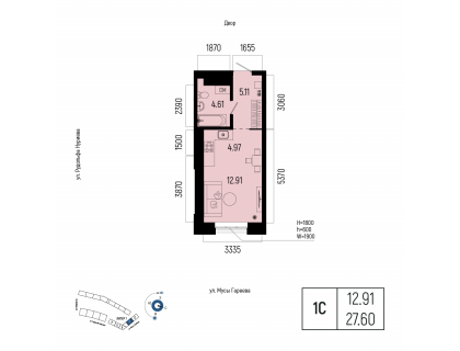 Планировка 1-комн. · 27.6 м²