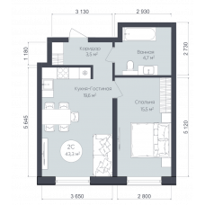 Планировка: 2-комн. квартира, 43.3 м²
