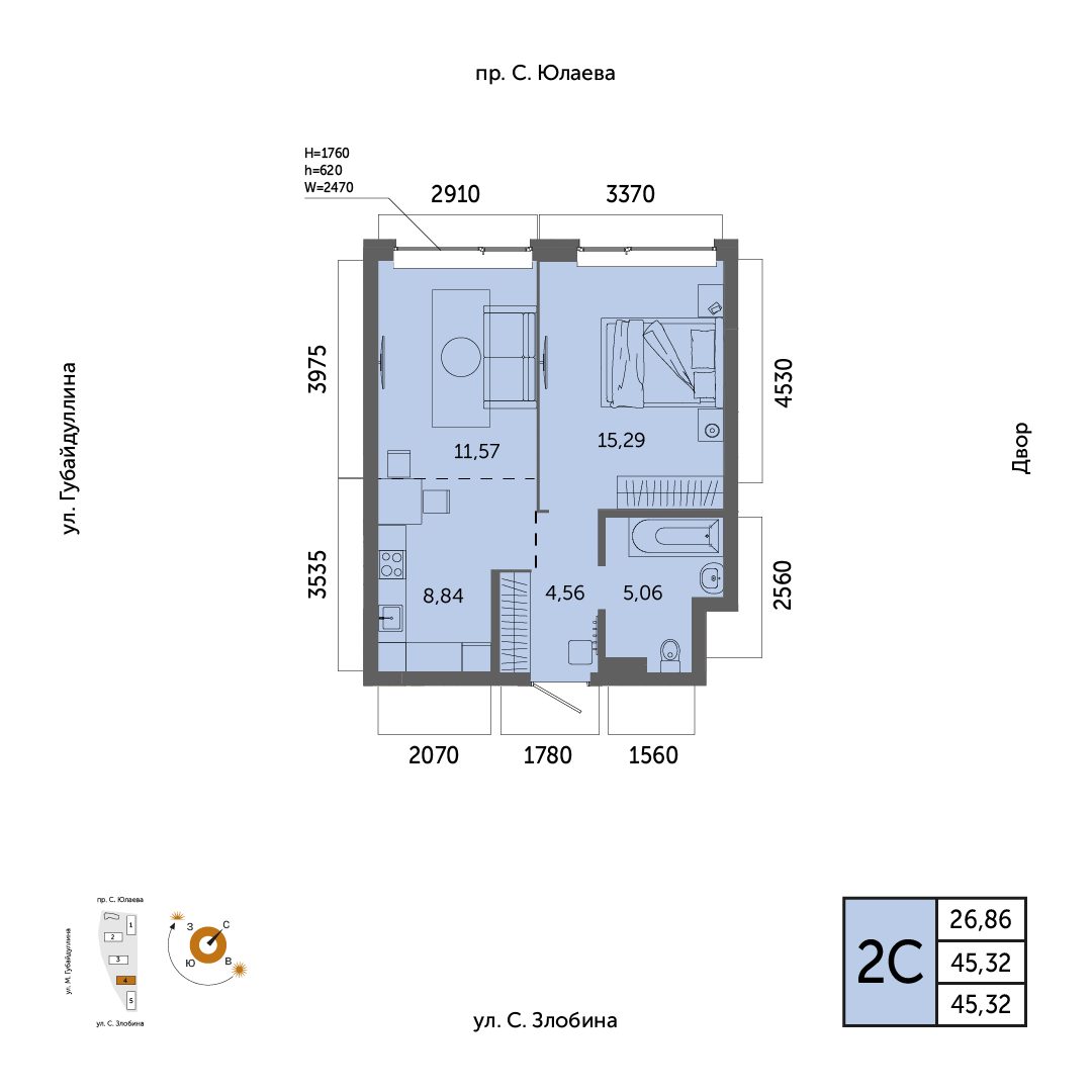 Планировка 2-комнатная квартира 45,3 м² в ЖК «Урбаника», 5 этаж — 10 129 700 ₽
