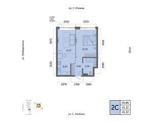 Планировка 2-комнатные 45,3 м²