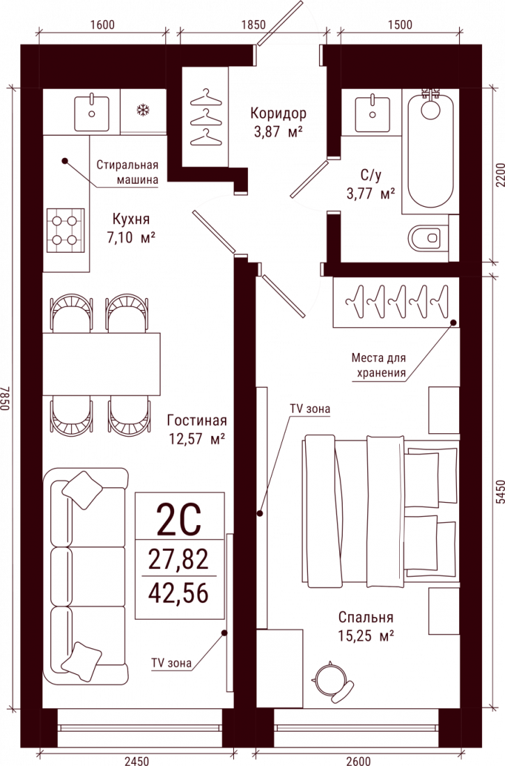Планировка: 2-комн. квартира, 42.6 м²