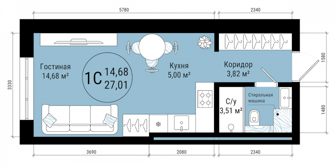 Планировка: 1-комн. квартира, 27 м²