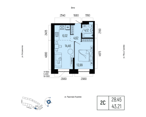 Планировка 2-комнатные 43,2 м²