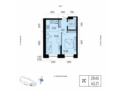 Планировка 2-комн. · 43.2 м²