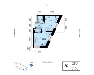 Планировка 2-комнатные 51,5 м²
