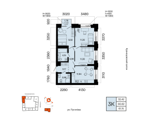 Планировка 3-комнатные 61,2 м²