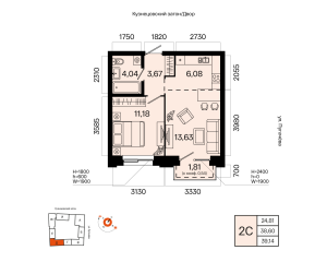 Планировка 2-комнатные 39,1 м²