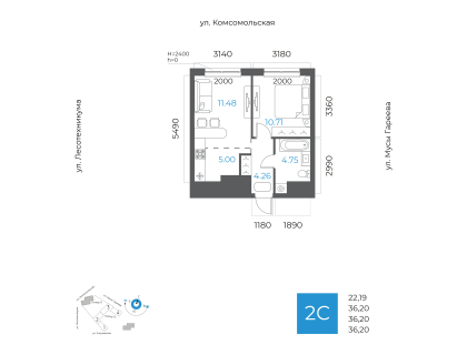 Планировка 2-комн. · 36.2 м²