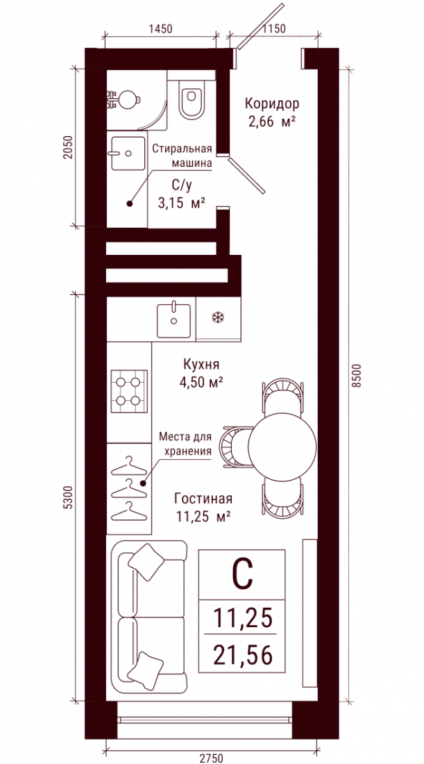 Планировка: Студия, 21.6 м²