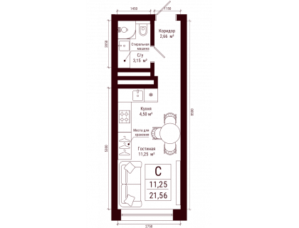 Планировка Студия · 21.6 м²