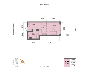 Планировка 1-комнатные 27,6 м²