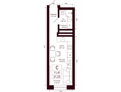 Планировка Студия · 21.3 м²