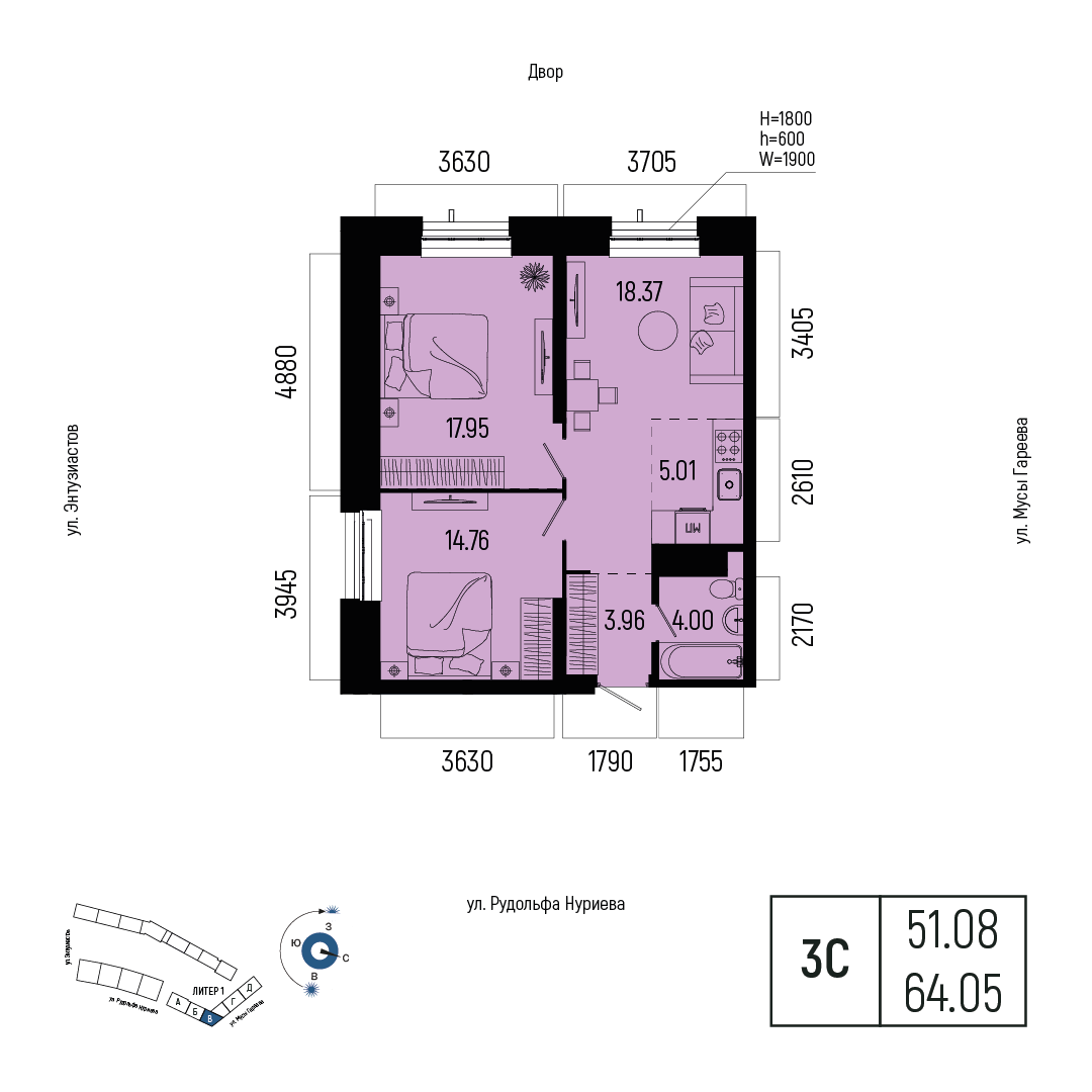 Планировка 3-комнатная квартира 64,1 м² в ЖК «Новатор», 10 этаж — 12 368 700 ₽