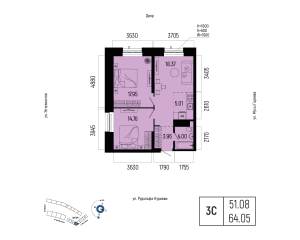 Планировка 3-комнатные 64,1 м²