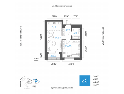 Планировка 2-комн. · 44.5 м²