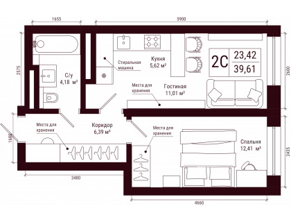 Планировка 2-комн. · 39.6 м²