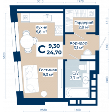 Планировка: Студия, 24.7 м²