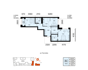 Планировка 3-комнатные 74 м²
