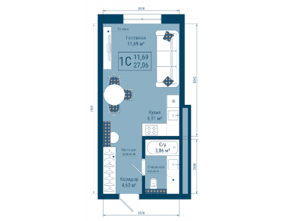 Планировка 1-комн. · 27.1 м²