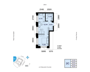 Планировка 2-комнатные 39,8 м²