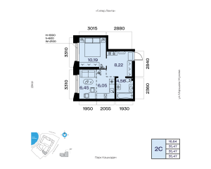 Планировка 2-комнатные 35,5 м²
