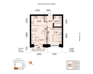 Планировка 2-комнатные 39,3 м²