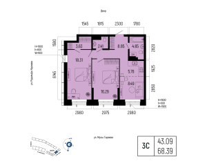Планировка 3-комнатные 68,4 м²