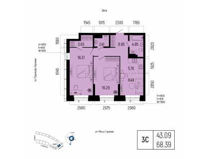 Планировка 3-комн. · 68.4 м²