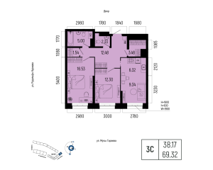 Планировка 3-комнатные 69,3 м²