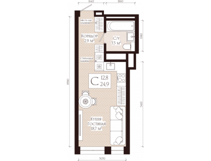 Планировка 1-комн. · 24.9 м²